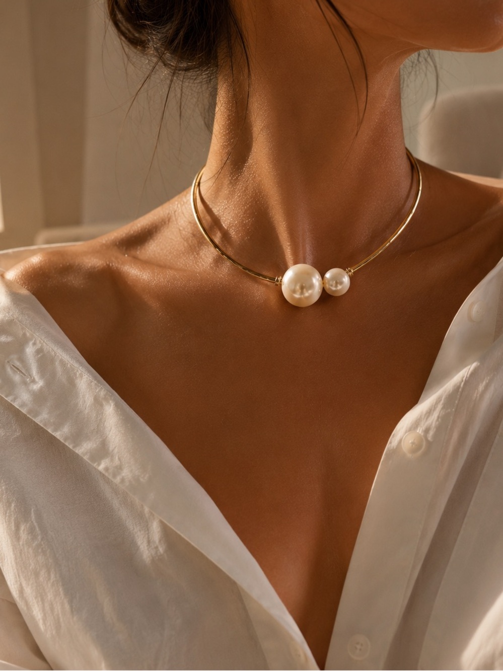 Gold Double Pearl Collar Necklace Minimalist Statement Choker